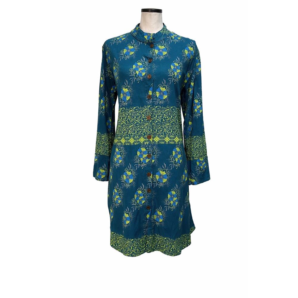 Blue Green Boho 100% Cotton Tunic Dress Long Sleeve Mandarin Collar Mod Vibe M